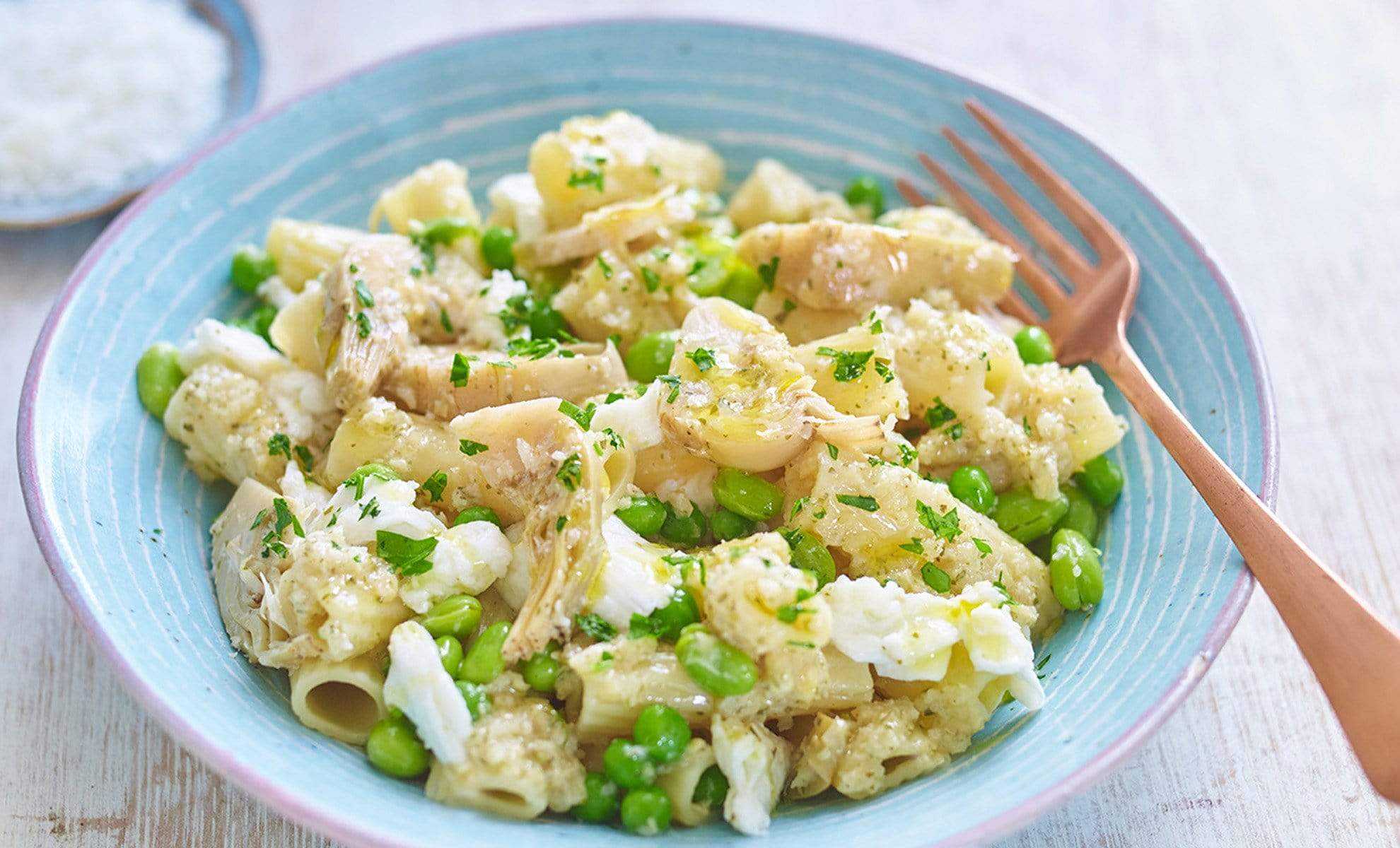 Artichoke, Pea and Broad Bean Pasta with Mozzarella Recipe Sacla'