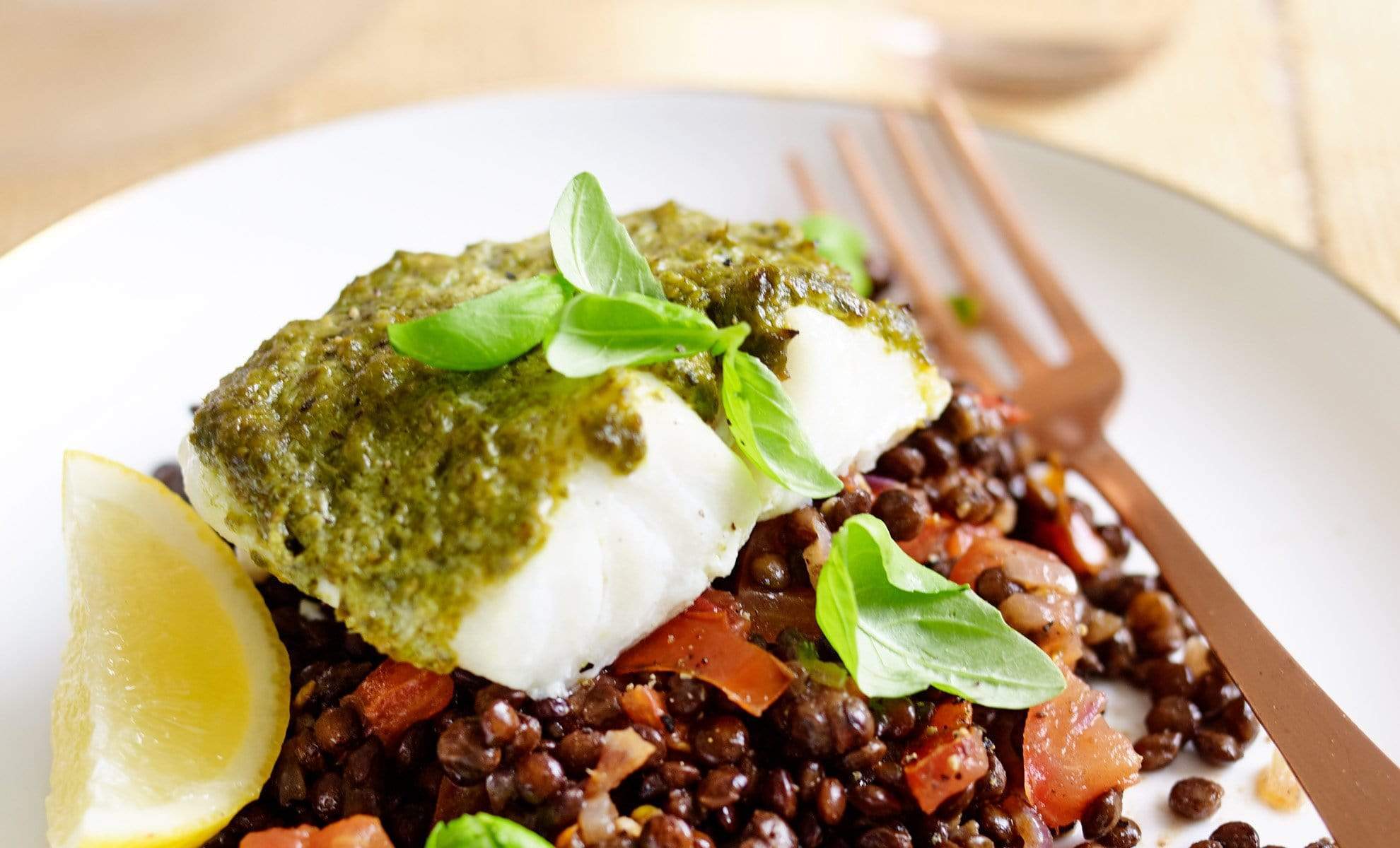 Baked Cod with Basil Pesto & Puy Lentils