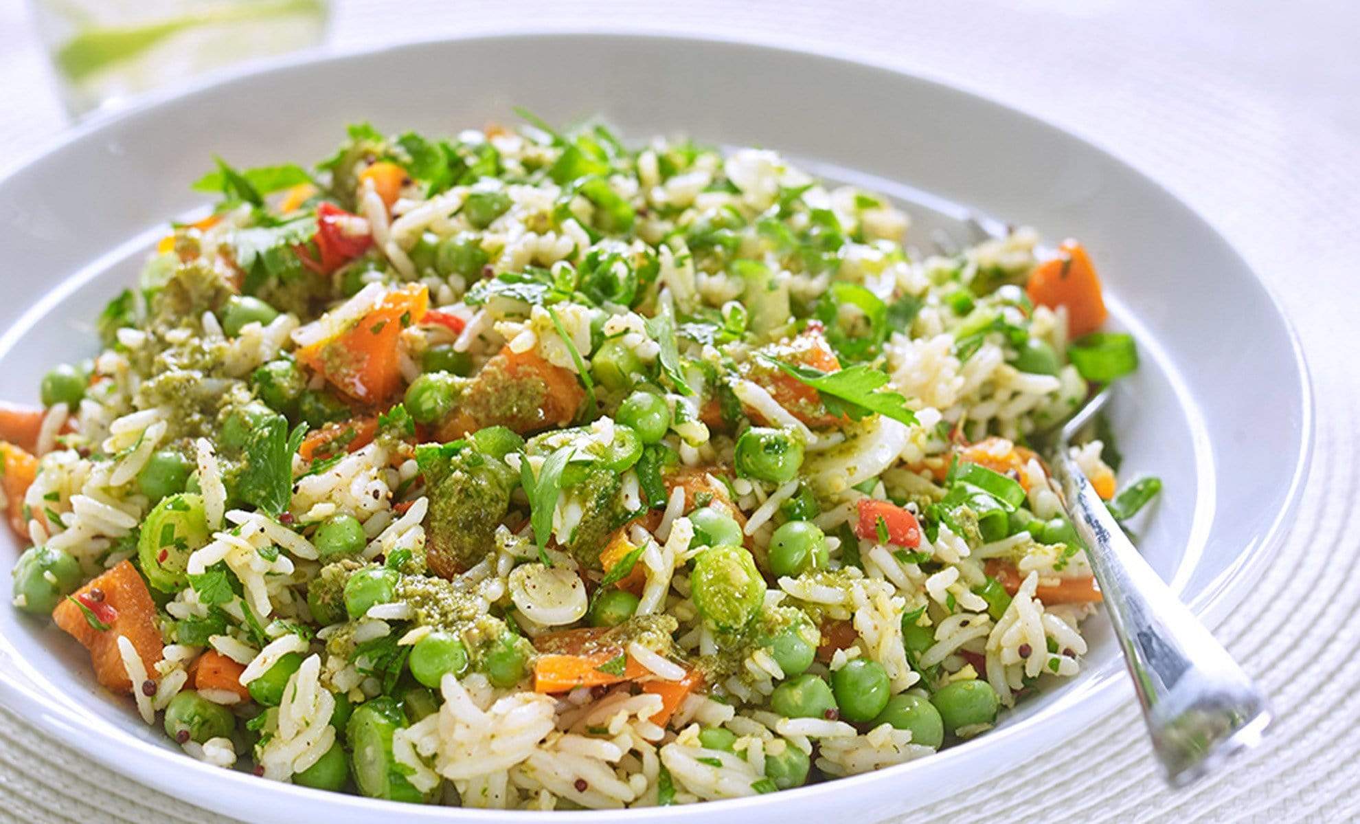Rice Salad with Reduced Fat Pesto Dressing