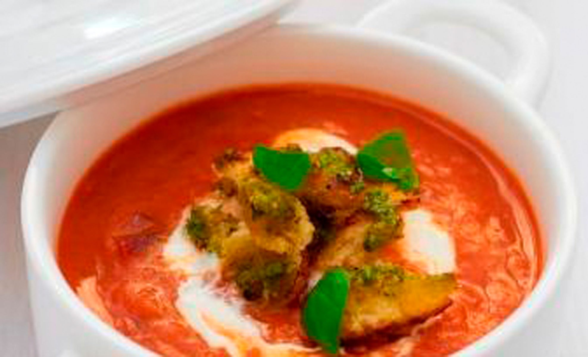 Roasted Tomato Soup with Pesto Croutons