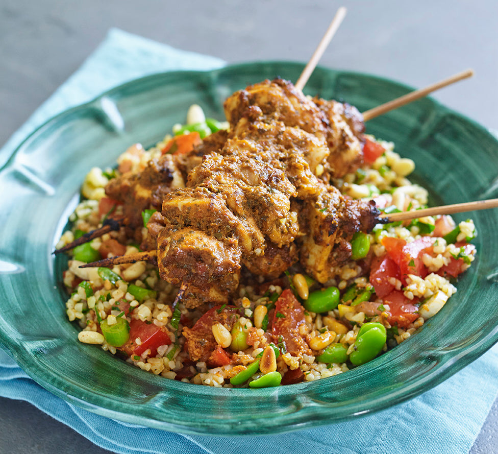 Tomato Pesto Chicken Skewers with Broad Bean Tabbouleh