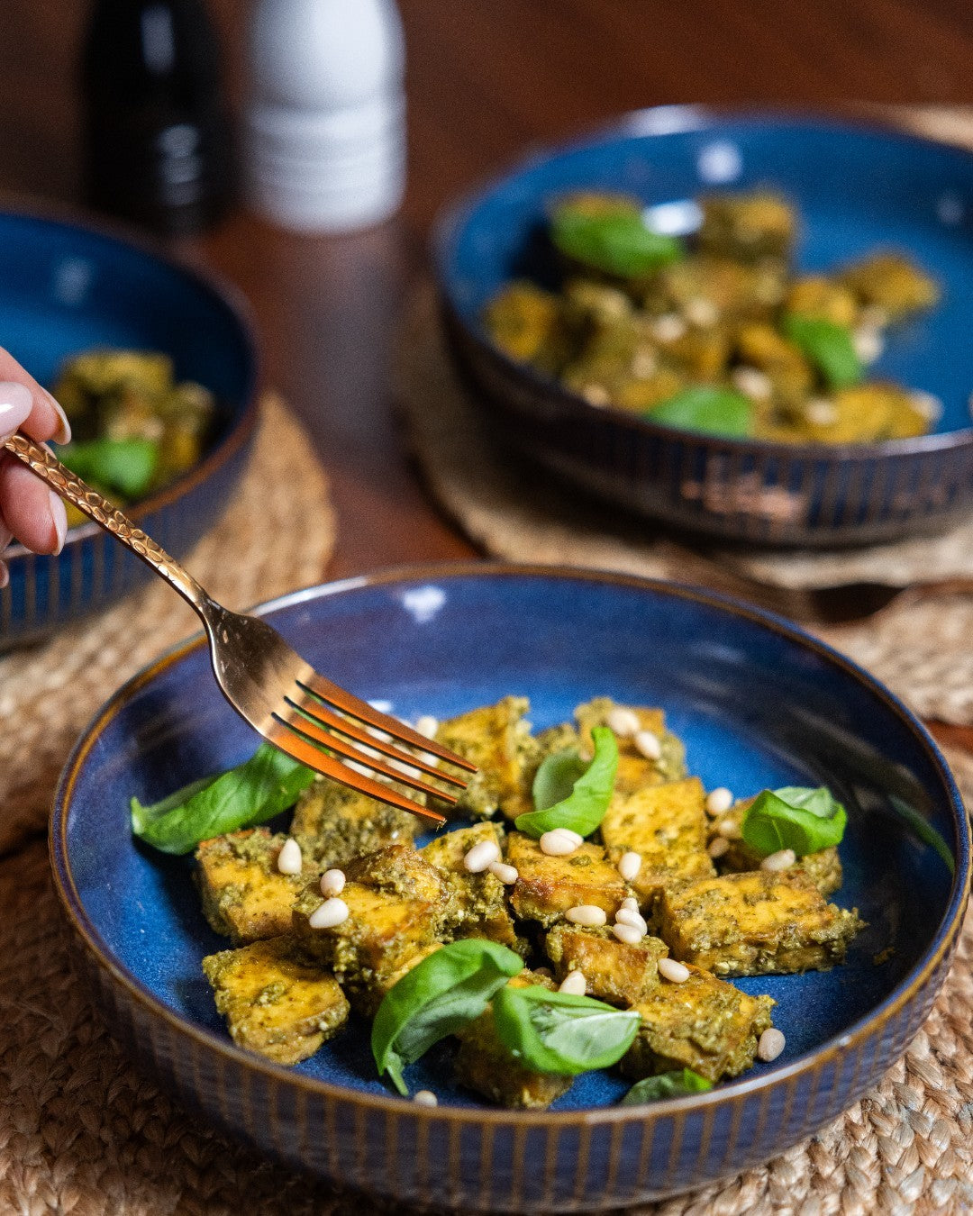 crispy air fried vegan Pesto tofu