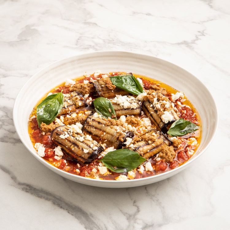 Stuffed Aubergine Rolls with Char-Grilled Aubergine Pesto