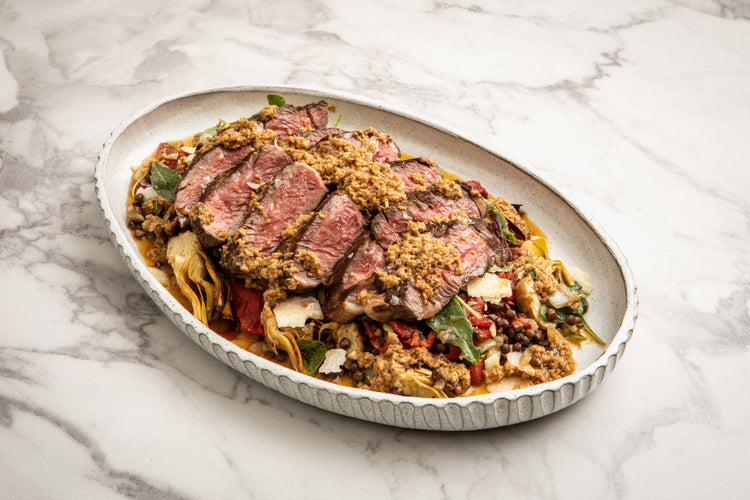 Steak and Lentil Salad with Char-Grilled Aubergine Pesto