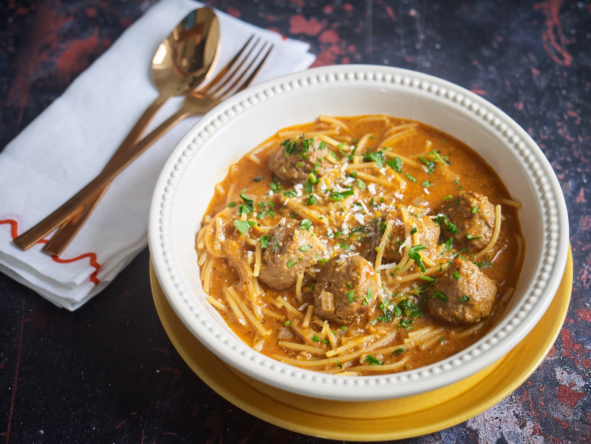 Pesto Spaghetti Meatball Soup