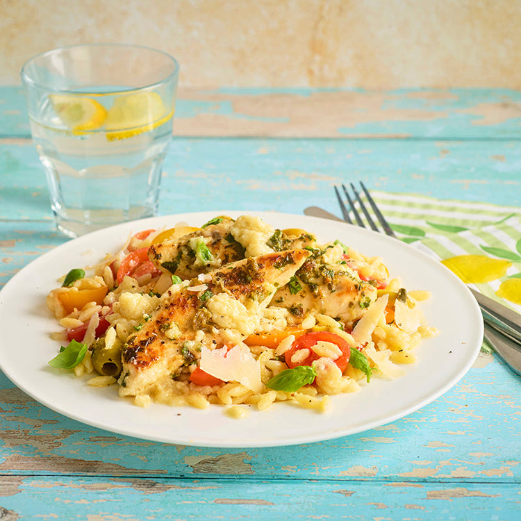 Lemon Pesto & Caper Chicken Orzo Salad