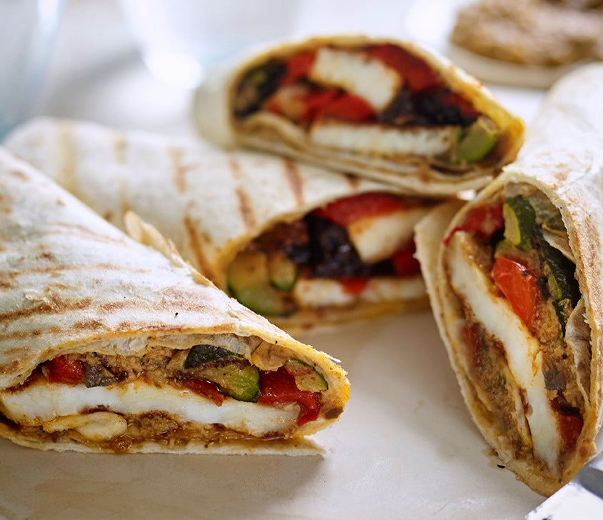 Roasted Vegetable & Halloumi Wrap with Aubergine Pesto