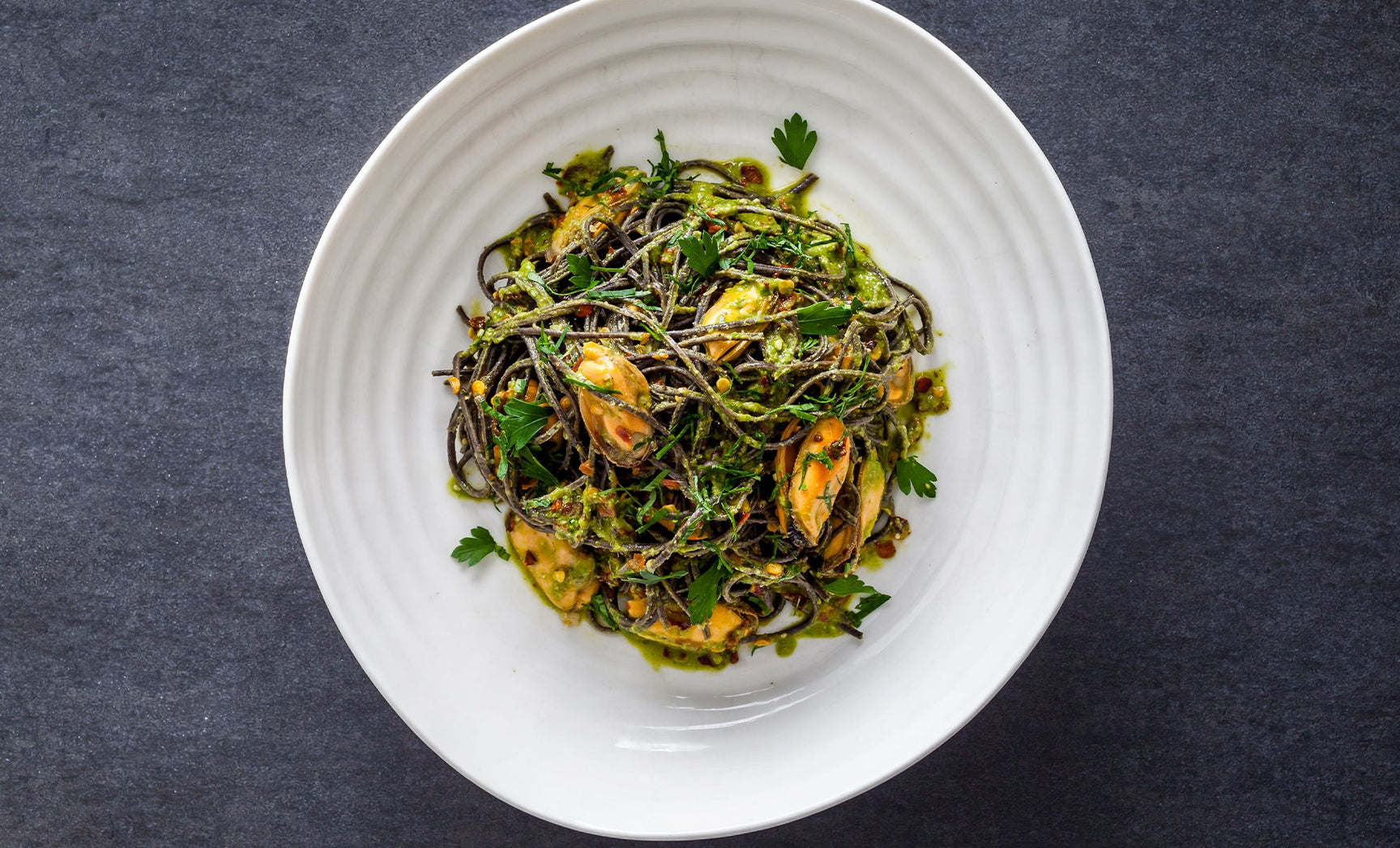 Anna Del Conte's Black Bean Spaghetti with Mussel Sauce