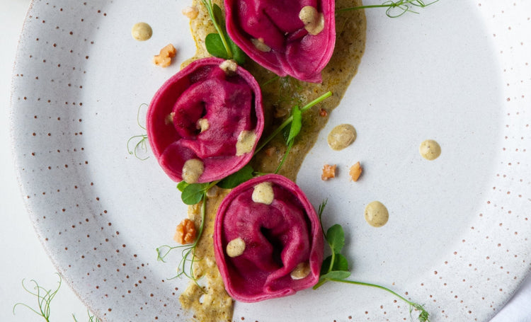 Beetroot Tortellini with Basil Pesto