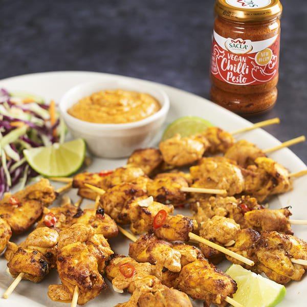 Chicken Satay with Chilli Pesto Peanut Sauce