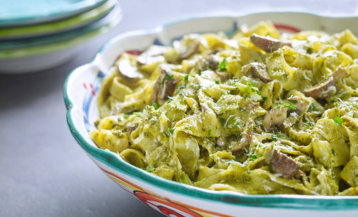 Creamy Basil Pesto Tagliatelle with Leek & Mushroom