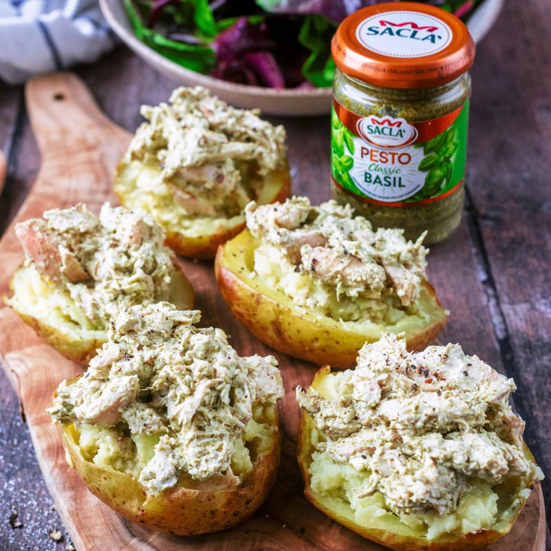 Creamy Pesto Chicken Stuffed Potato Boats