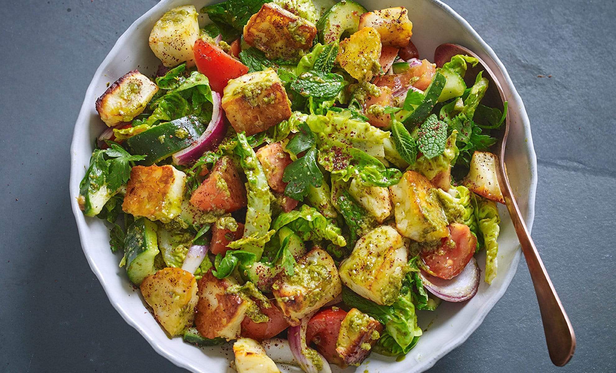 Fattoush Salad with Halloumi & Fresh Coriander Pesto Dressing