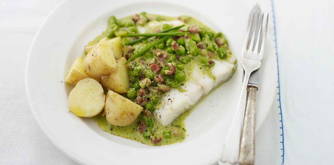Grilled Cod with Pancetta, Broad Bean & Pea Pesto Sauce