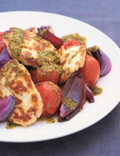 Halloumi with Roasted Cherry Tomatoes & Coriander Pesto