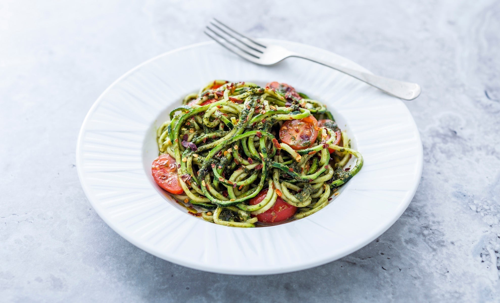 Pesto Courgetti with Tomatoes & Chilli