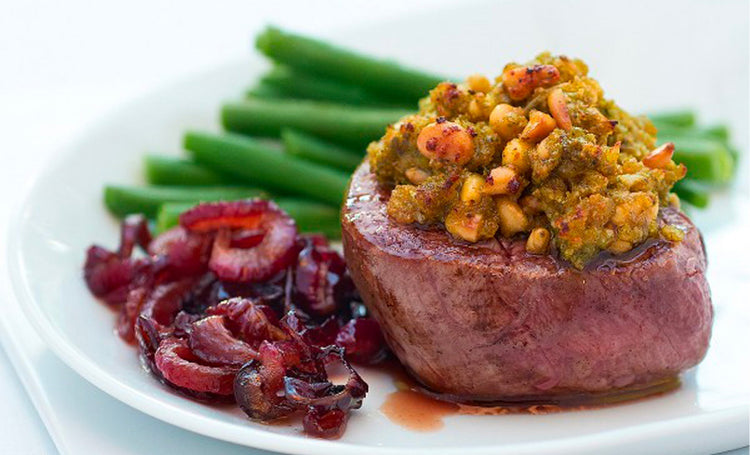 Pesto Crusted Fillet Steak with Balsamic Onions