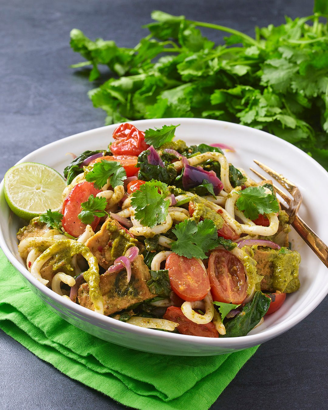 Pesto Marinated Tofu Noodles with Spinach