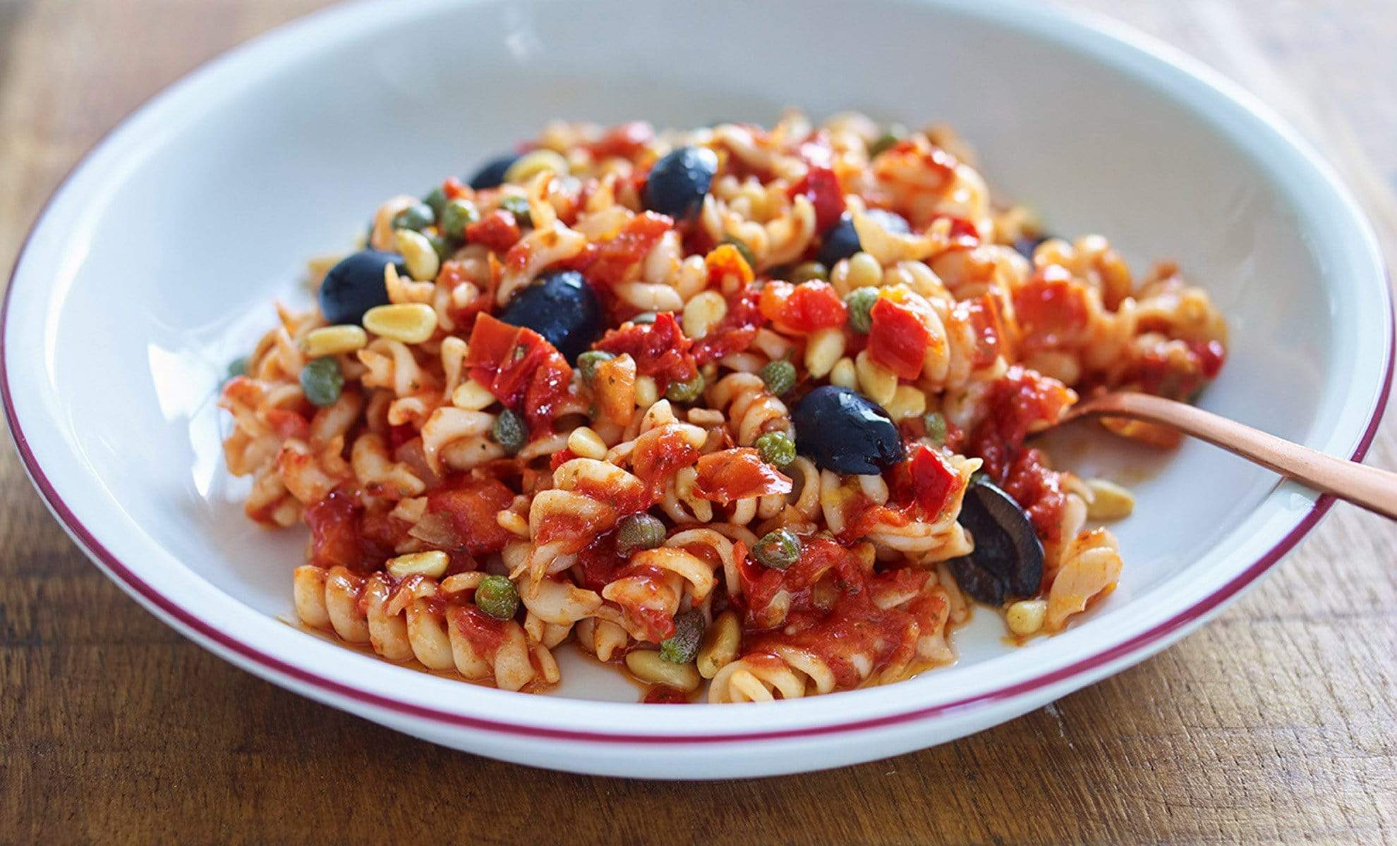 Roasted Pepper Pasta with Olives, Capers & Pine Nuts
