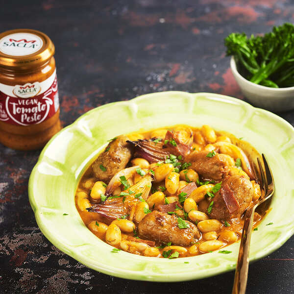 Tuscan Sausage Stew with Sacla' Vegan Tomato Pesto