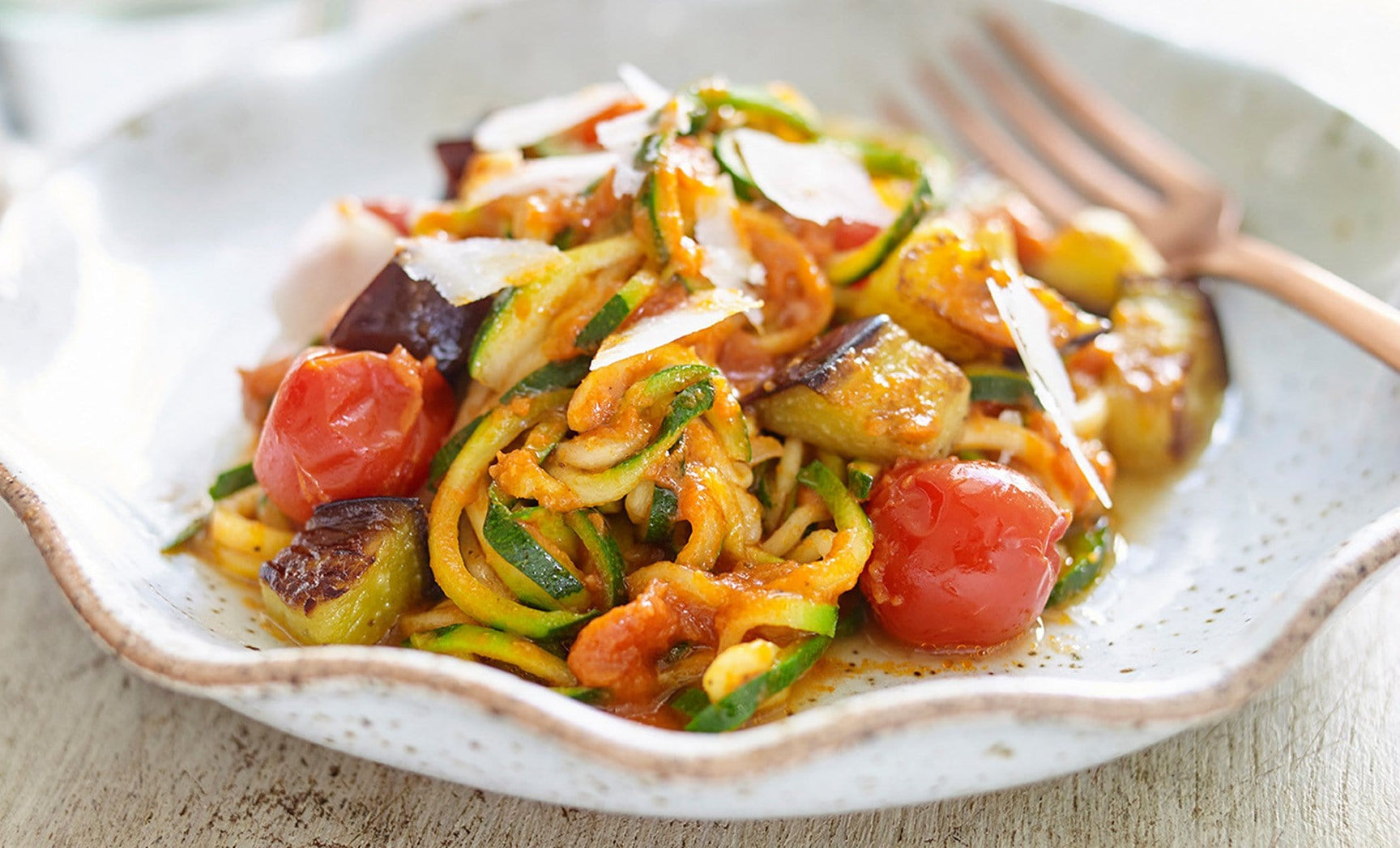 Whole Cherry Tomato & Burrata Courgetti with Aubergine