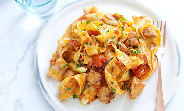 'Nduja Pesto Pasta with Sausage, Fennel & Cherry Tomatoes