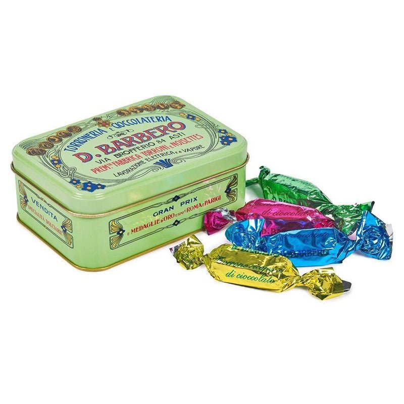 Bite-sized pieces of individually wrapped praline. Beautiful D.Barbero Italian mint green vintage style keepsake tin.