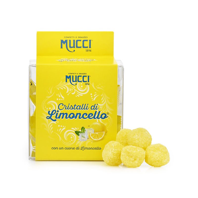 gift box of Italian Mucci Cristalli di Limoncello dragée confections filled with limoncello liqueur. Amalfi Lemons on packet