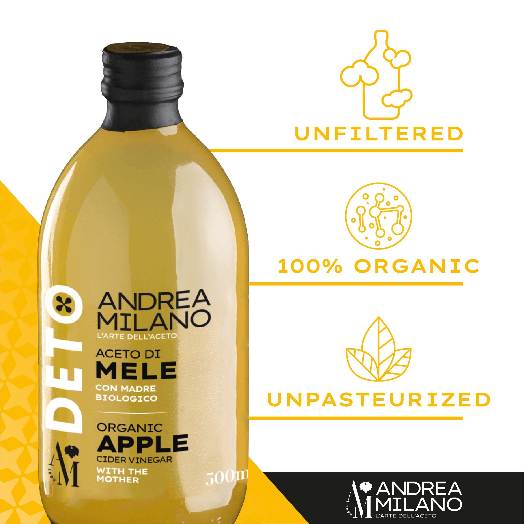 Features of Deto organic apple cider vinegar by Andrea Milano.