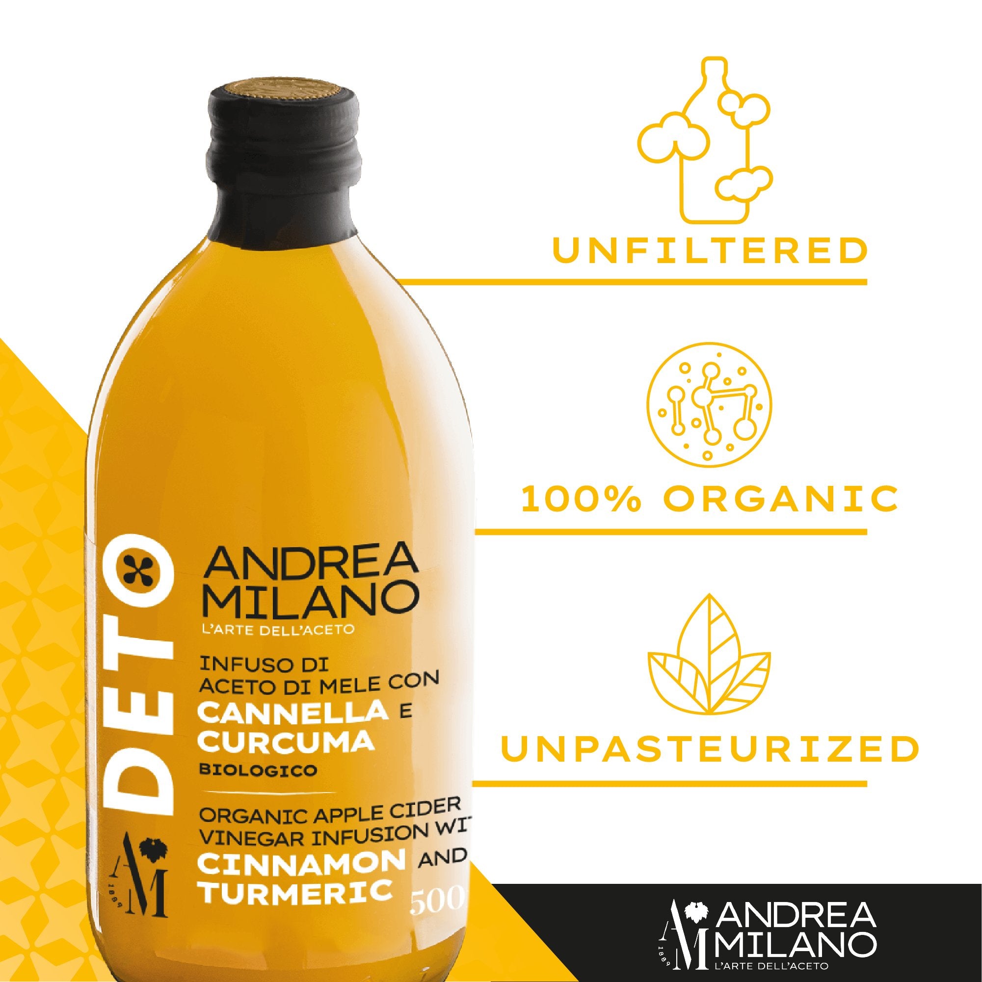 Features of Deto organic apple cider vinegar infusion with cinnamon and turmeric by Andrea Milano.