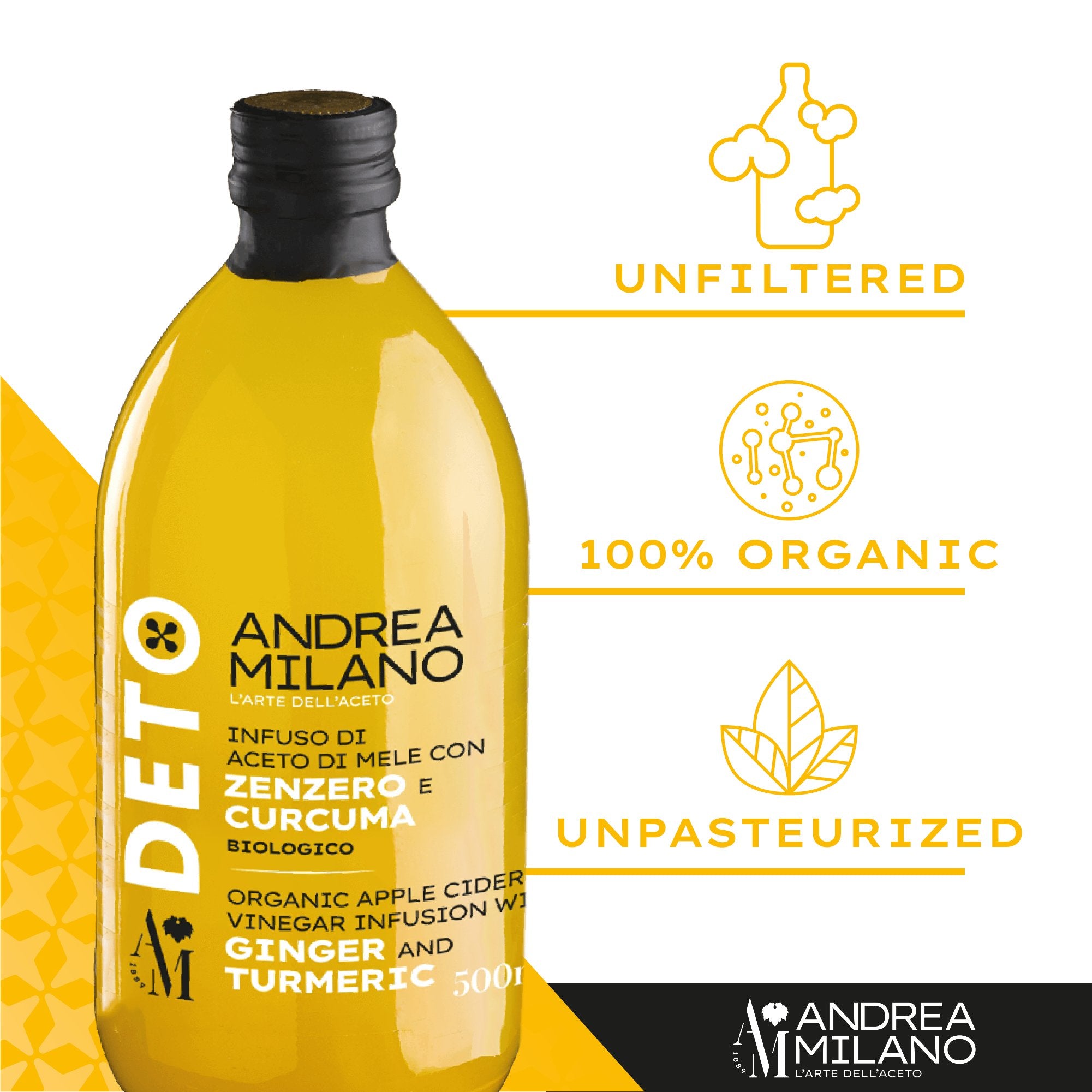 Features of Deto organic apple cider vinegar with ginger and turmeric by Andrea Milano.