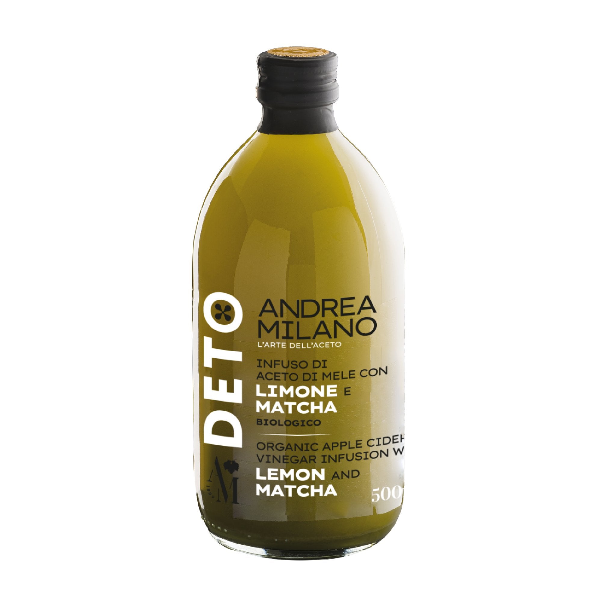Bottle of Deto organic apple cider vinegar with lemon and matcha by Andrea Milano.