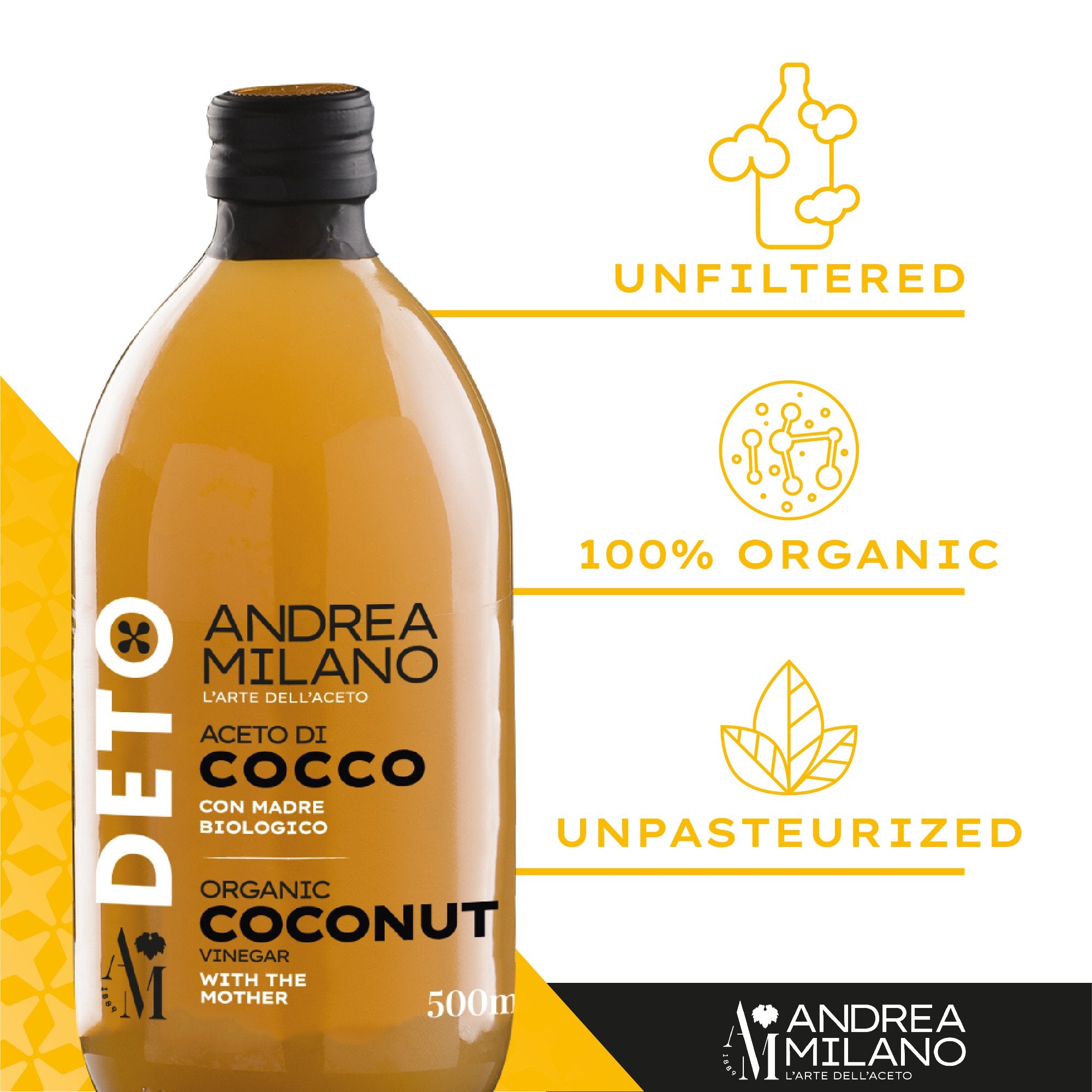 Features of Organic Deto coconut vinegar by Andrea Milano.