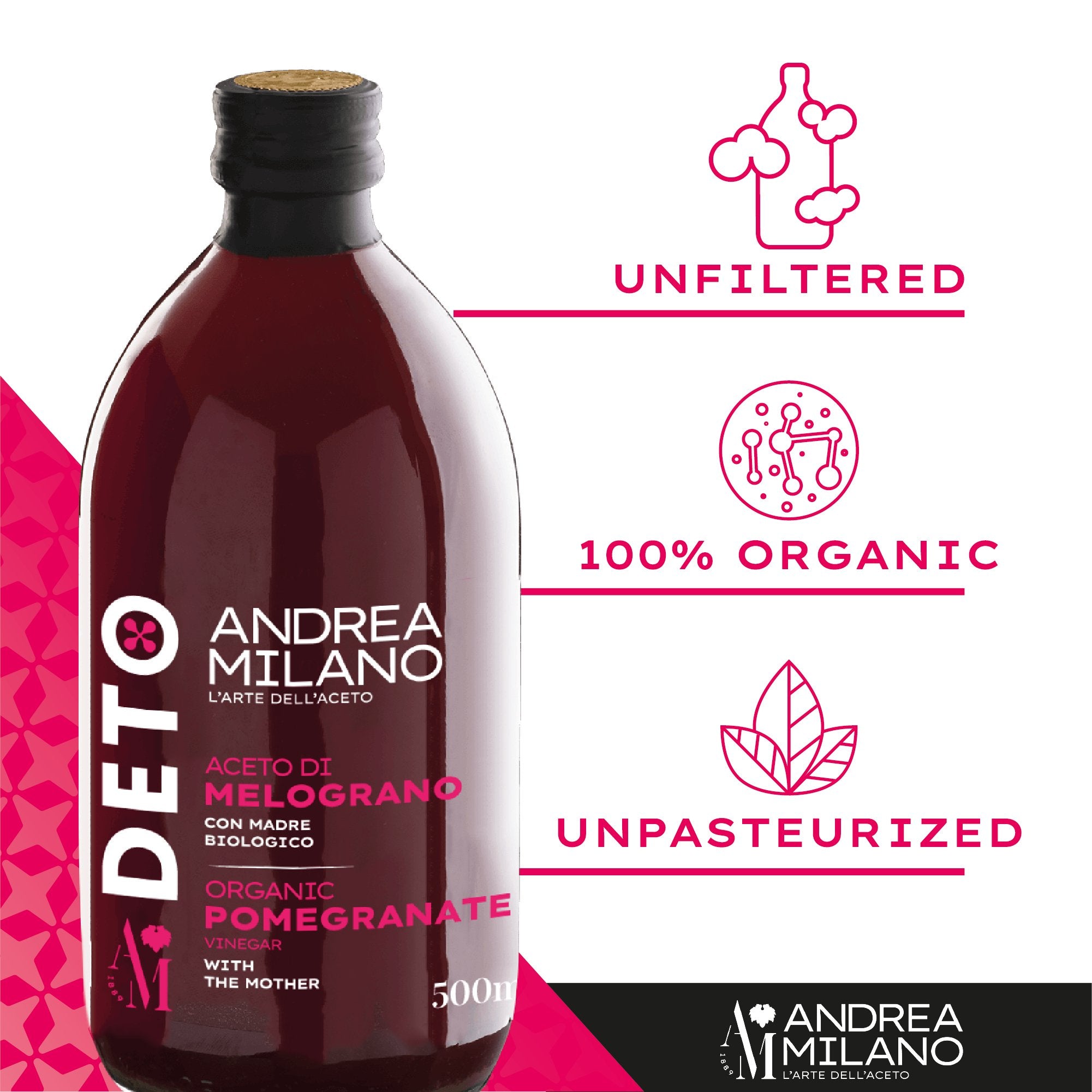 Features of Deto Organic Pomegranate Vinegar by Andrea Milano.