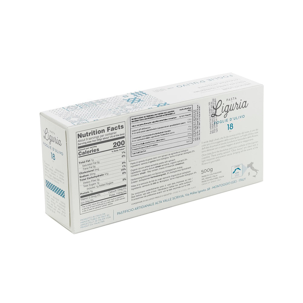 Back of Foglie d’ulivo olive leaf pasta box