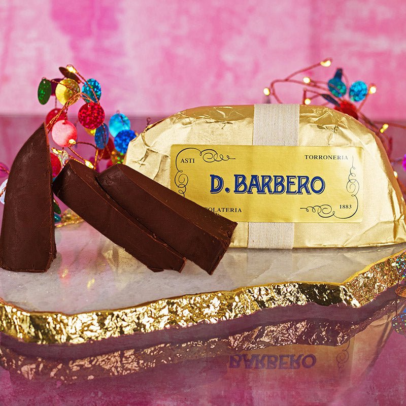  Giandujotto large solid block of premium Italian dark chocolate. wrapped in beautiful Gold Foil. Made by D Barbero Italian Chocolateria.