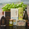 finest Balsamic Vinegar of Modena. Villa Domiziano Prosecco 75cl. Liguria Trofiette Pasta. Sacla' Classic Bail Pesto. Mixed Italian Truffles by D. Barbero in Vintage style Cream tin. Soft Traditional Amaretti by Antica Amaretteria in stunning yellow tin. Keepsake tin. With Basil Plant.