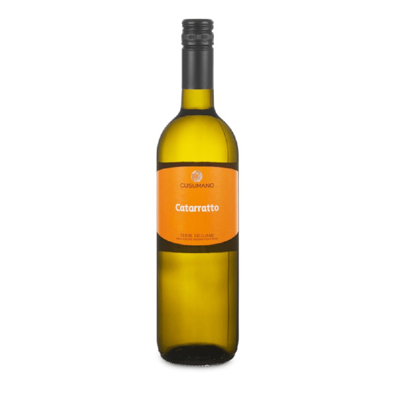 Catarratto 2018 IGT Terre Siciliane 75cl by Cusumano. Italian white wine for Vegans, vegetarians and Coeliacs. 12.5% Volume. Stylish orange label.