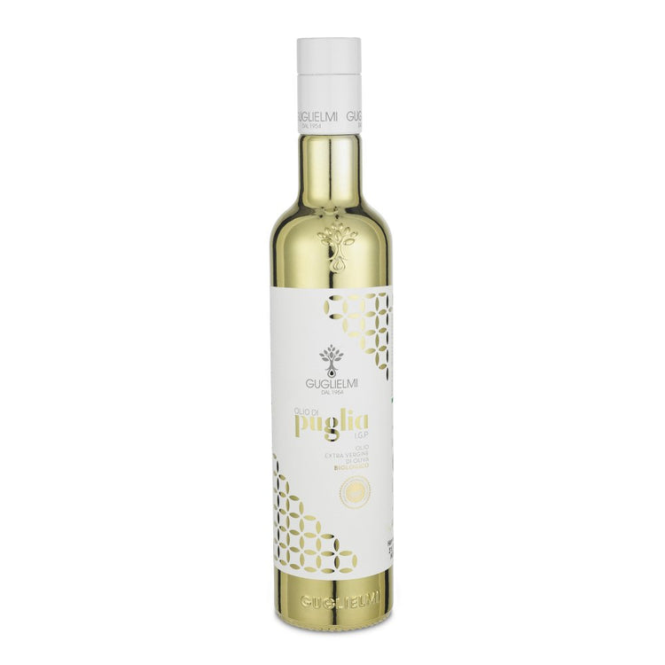 Front of an Organic Olio di Puglia organic olive oil bottle