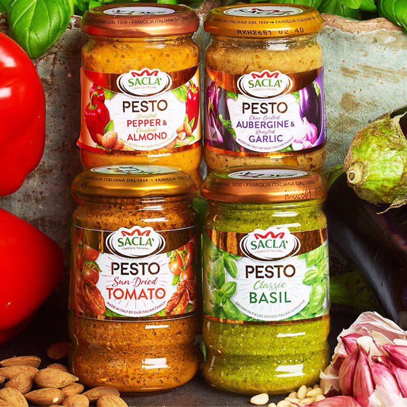 Sacla' Pesto Essentials range Pepper and Almond Aubergine and Garlic Sundried Tomato Classic Basil