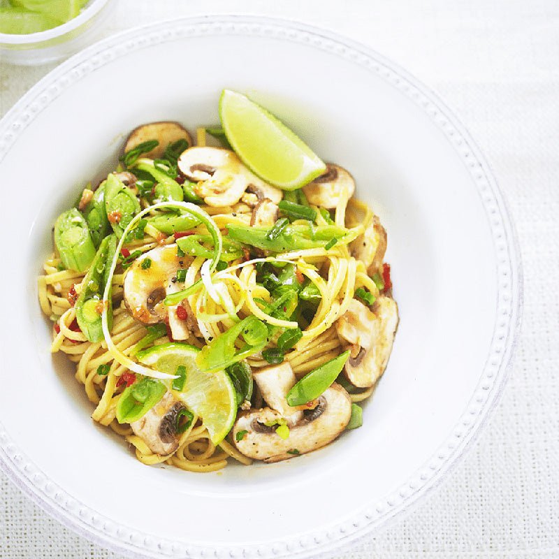 Spicy Mushroom Noodles with Fresh Coriander Pesto