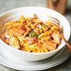 Salmon & peanut butter noodles made with Sacla’ spicy mozzarella sauce. 