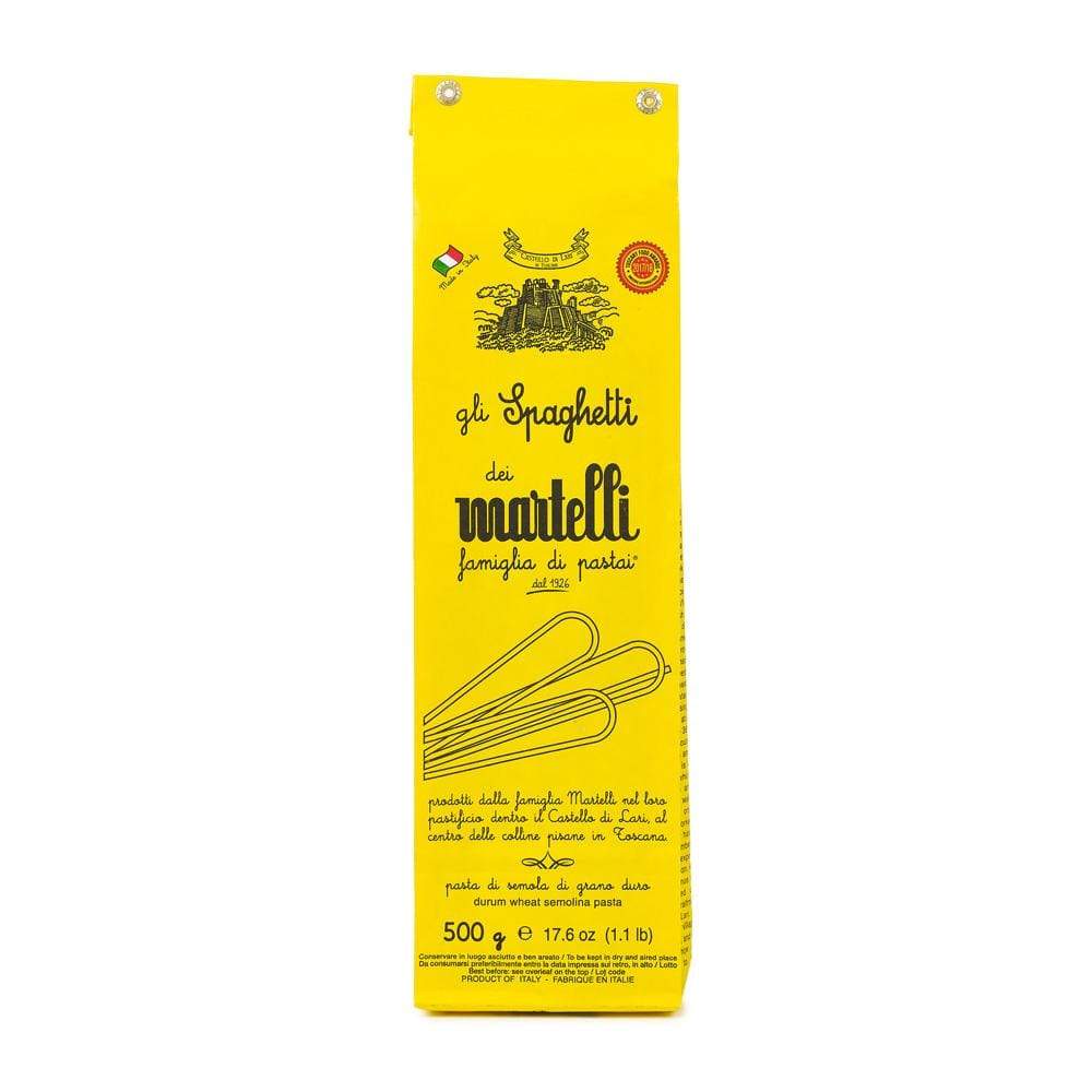 Buy spaghetti from Martelli, artisan spaghetti in retro paper packaging. 