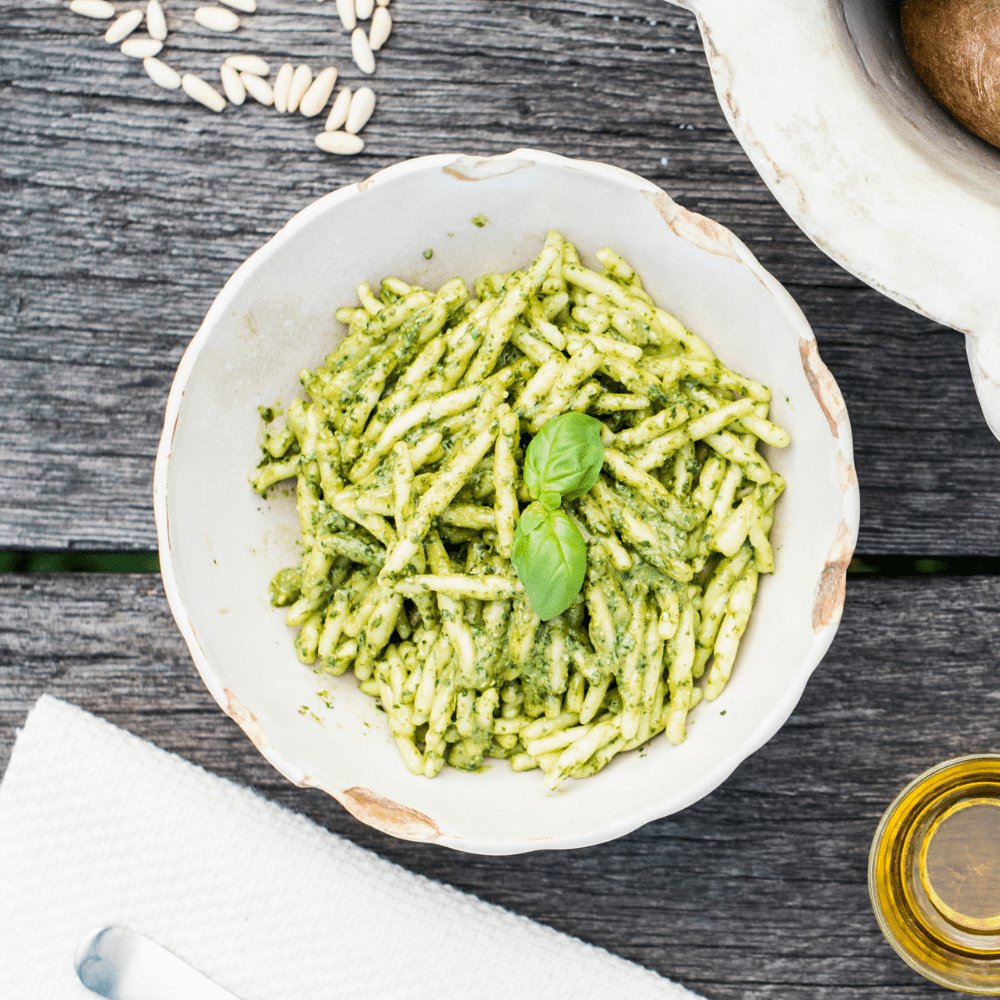 Bowl of Trofiette pasta from bird’s-eye view