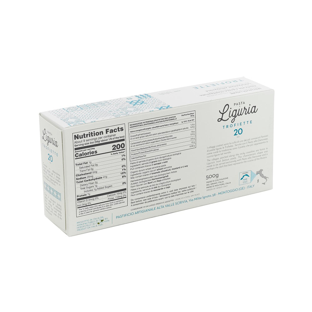 Back of Trofiette pasta box