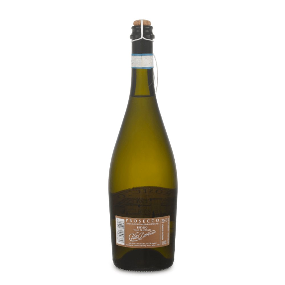 Prosecco DOC in bottle, showing back label. 